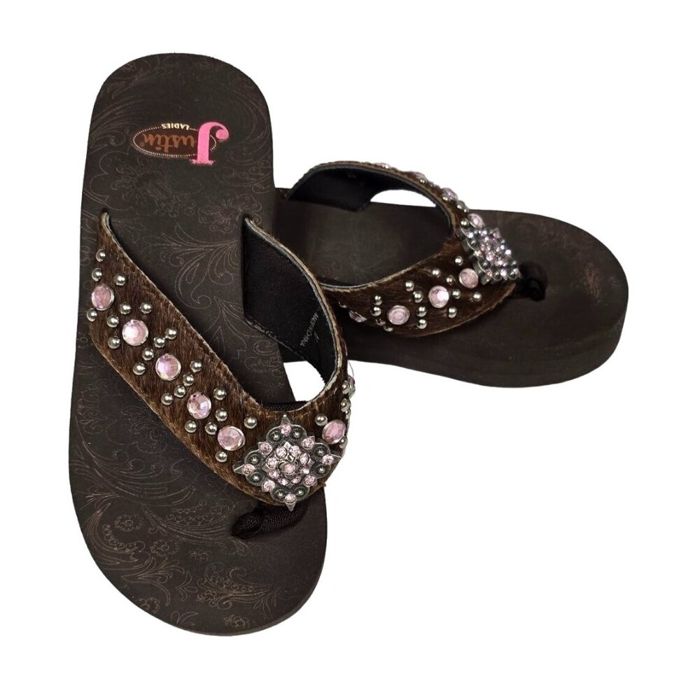 Justin Girls Rhinestone Embellished Flip Flops - Brown Western Bling Sandals - S
